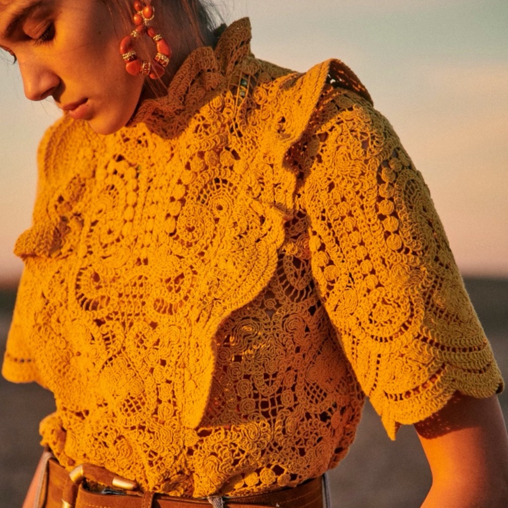 Sezane Mustard Crochet Blouse